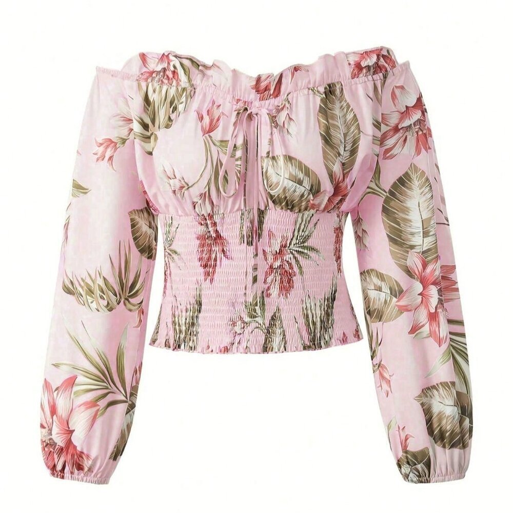 Pink Casual Women's Off Shoulder Floral Print Top - Picture 2 of 4